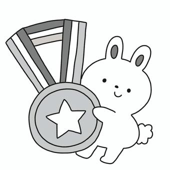 メダルとうさぎ メダル,うさぎ,おめでとう,運動会,動物,実績,白黒,モノトーン,可愛い,ゆるいのイラスト素材