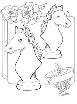 塗り絵 チェスのコマ(馬) 塗り絵 チェスのコマ(馬) 塗り絵,ナイト,馬,駒,花,チェスのイラスト素材