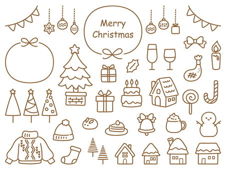 クリスマスのイラストセット・茶色の画線 クリスマス,オーナメント,クリスマスオーナメント,クリスマスプレゼント,クリスマスツリー,クリスマスケーキ,星,リボン,プレゼント,手描きのイラスト素材