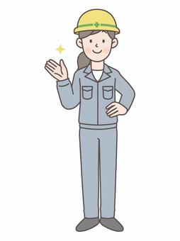 腰に手と案内と建設作業員女性_安全_全身 人物,建設,作業員,工事,現場,作業服,ヘルメット,安全,建設業,建築業のイラスト素材