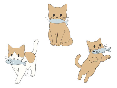 魚をくわえた猫3種類 猫,魚,咥える,食べる,ジャンプ,お座り,歩く,イタズラ,動物,ペットのイラスト素材