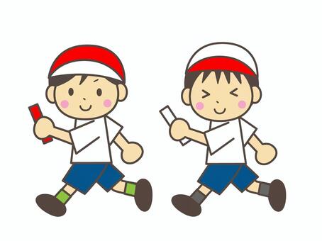 リレーをする男の子たち リレー,運動会,体育,運動,学校,行事,赤組,白組,体操着,男の子のイラスト素材