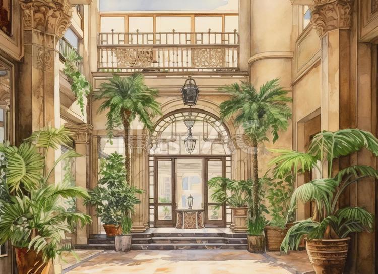 植物の配置されたホテルのエントランス ホテル,エントランス,植物のイラスト素材
