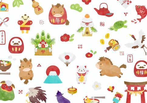 かわいい午年の背景イラスト ウマ,動物,背景,2026年,お正月,植物,可愛い,水彩風,富士山,干支のイラスト素材