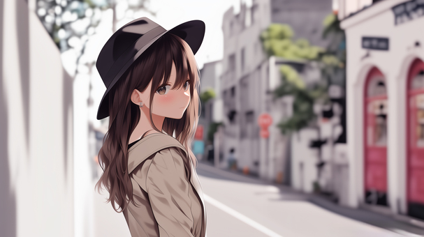 girls_life24_B girls_life24_B 美少女,トレンチコート,帽子,セミロングヘア,振り返る,ポーズ,少女,女性,女の子,街のイラスト素材