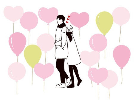 ハグするカップルと風船 恋愛,恋愛中,カップル,ハグ,バックハグ,風船,ピンク色,うぐいすいろ,メルヘン,ハートのイラスト素材