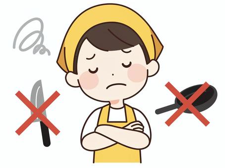 料理が嫌な男性 料理,包丁,嫌,困る,使えない,フライパン,バンダナ,エプロン,頭巾,家事のイラスト素材