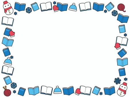 冬と本のフレーム 雪だるま,手袋,毛玉,結晶,雪の結晶,冬,かわいい,イラスト,フレーム,枠のイラスト素材