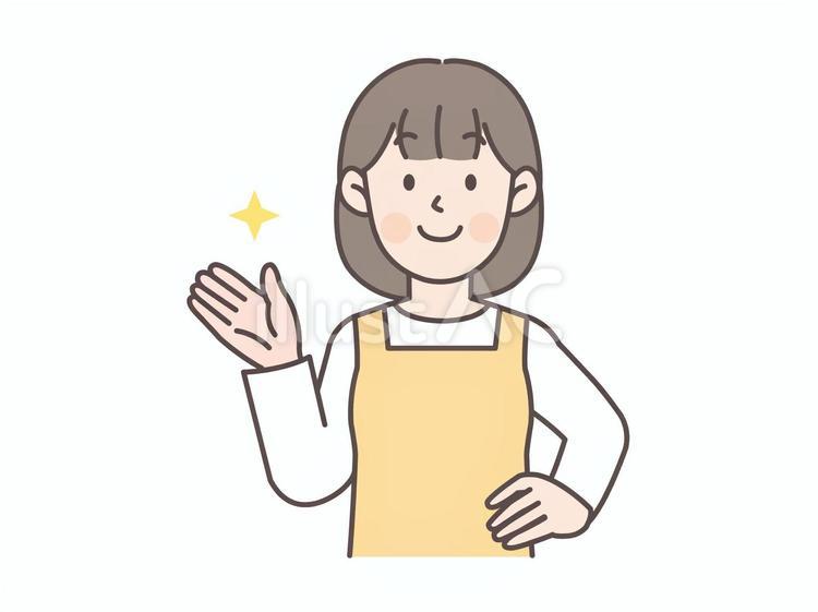 腰に手を当てて案内する主婦_黄色 主婦,エプロン,人物のイラスト素材