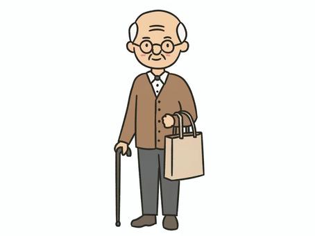 杖をついて散歩するおじいさん おじいさん,おじいちゃん,老人,散歩,買い物,白髪,イラスト,透過,挿絵,1人のイラスト素材