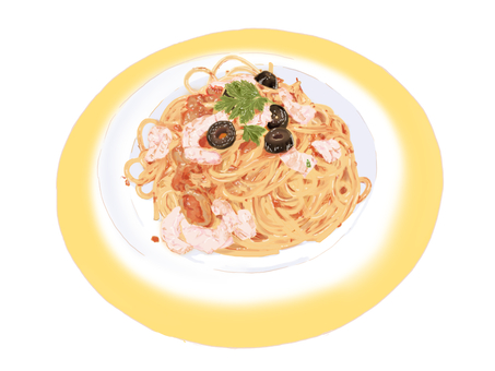 海老とトマトのパスタ パスタ,スパゲッティ,海老,オリーブ,洋食,料理,食べ物,生パスタ,クリームパスタ,麺のイラスト素材