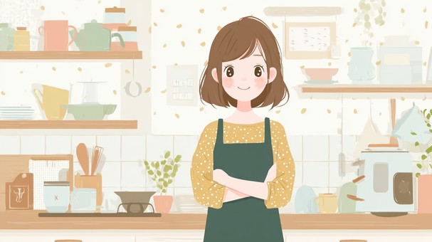キッチンに立つ笑顔の女性