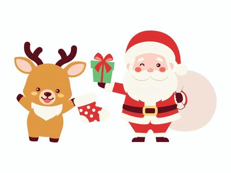 プレゼントを持ったサンタとトナカイ プレゼントを持ったサンタとトナカイ サンタ,トナカイ,ミニキャラ,シンプル,2頭身,サンタクロース,サンタさん,動物,人間,人のイラスト素材