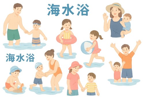 Illustration, swimming in the sea, family, summer, 