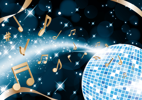青色のミラーボールとキラキラした音符