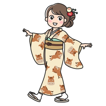 馬柄の着物を着て嬉しそうに歩く女の子 馬柄,午,干支,振袖,大和撫子,着物,和服,晴れ着,晴れ姿,女性のイラスト素材