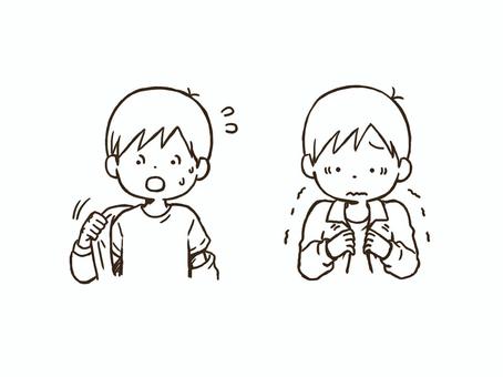 上着で調節する男の子(白黒) 上着,男の子,挿絵,気温差,温度調節,季節,変わり目,暑い,寒い,学校生活のイラスト素材
