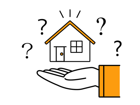 人物の手と家とクエスションマーク 家,住宅,マイホーム,住まい,はてな,クエスションマーク,疑問,質問,分からない,問題のイラスト素材