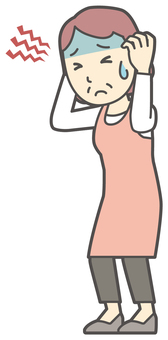  頭が痛くて苦しんでいるおばさん 苦しい,女性,人,主婦,中年,シニア,エプロン,ママ,お母さん,おかんのイラスト素材
