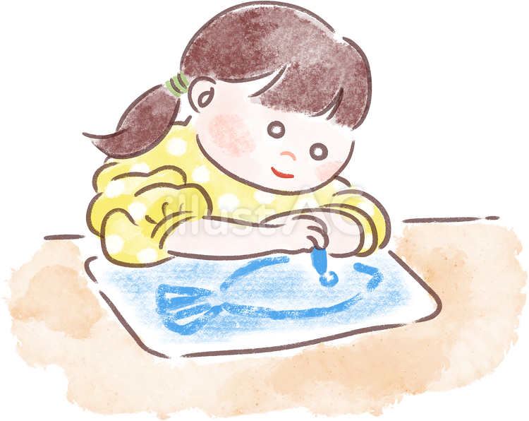 クレヨンでお絵かきして遊ぶ女の子 幼稚園児,女の子,室内遊びのイラスト素材
