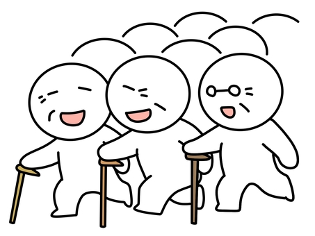 杖を突いて散歩する大勢の棒人間 老人,棒人間,散歩,歩く,シルバー,高齢者,楽しい,嬉しい,笑顔,友達のイラスト素材