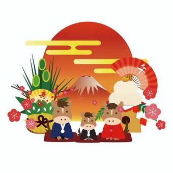 2026年和風年賀状用家族イラスト 午年,家族,夫婦,子供,挨拶,着物,馬,午,年賀状,かわいいのイラスト素材