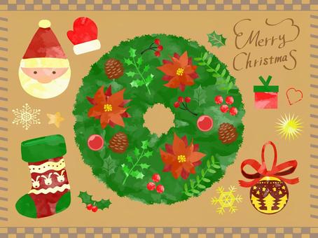 クリスマスイラストセット手書き水彩画11 クリスマス,サンタクロース,水彩画,手描き,枠,フレーム,セット,飾り枠,花,プレゼントのイラスト素材
