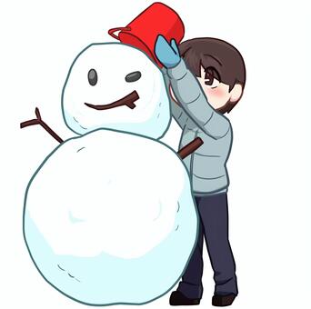雪だるまを作る男性 人物,生活,全身,男性,雪だるま,作る,冬,ダウンジャケット,手袋,素材のイラスト素材