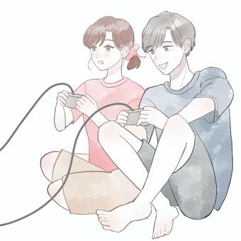 パステルゲームするカップル パステル,漫画,ゲーム,カップル,恋人,夫婦,遊び,テレビゲーム,コントローラー,部屋着のイラスト素材