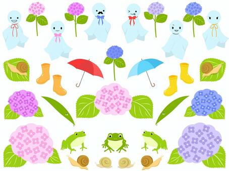 梅雨入り 梅雨,雨,カタツムリ,かたつむり,蝸牛,あじさい,紫陽花,アジサイ,6月,傘のイラスト素材