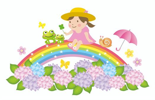 Rainbow after the rain and a girl, JPG, PNG and AI Rainbow after the rain and a girl, rainy season, rainbow, hydrangea, JPG, PNG and AI