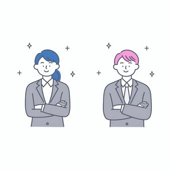 腕を組むビジネス男女のイラスト 人物,ビジネス,就活,男性,女性,スーツ,自信,笑顔,姿勢,成功のイラスト素材
