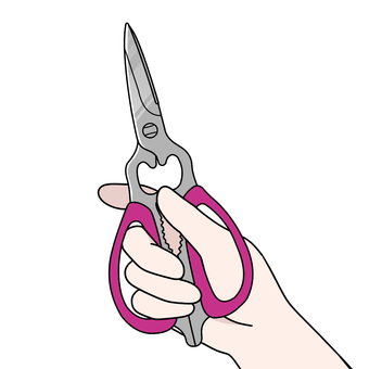 刃を開いたキッチンバサミを持つ手 キッチンバサミ,刃物,調理器具,料理,台所,キッチン用品,調理,切る,下処理,開封のイラスト素材