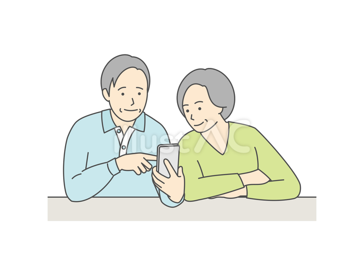 スマホを見ながら微笑むシニア夫婦 タップ,入力,スクロールのイラスト素材