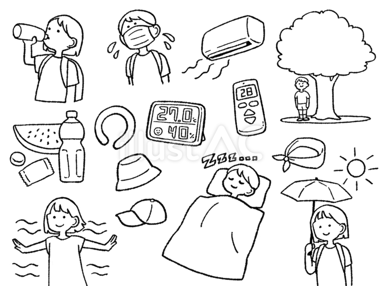 Free Vectors | Children's heat stroke prevention kit line drawing