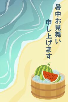 暑中見舞い_夏の海とスイカ 暑中見舞い,夏,海,波打ち際,スイカ,縦,文字,真夏,7月,8月のイラスト素材