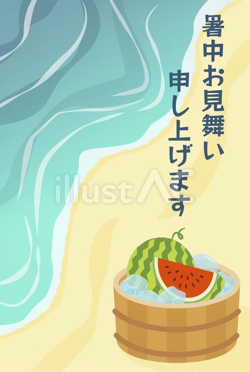 暑中見舞い_夏の海とスイカ 暑中見舞い,夏,海のイラスト素材