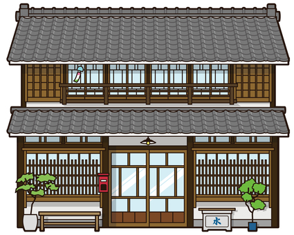 宿場町の町屋 町屋,木造,伝統的,住宅,瓦屋根,建物,植栽,建築物,植木,格子のイラスト素材