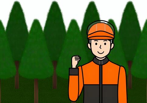 頑張るポーズの林業の作業員の男性 森,木,林業,ヘルメット,作業員,作業服,作業着,オレンジ,男性,仕事のイラスト素材
