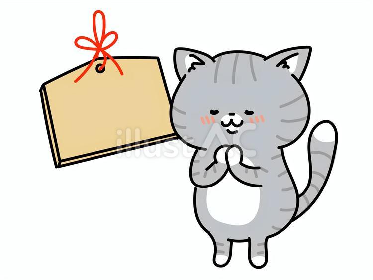 絵馬に願いをかける猫ちゃん　無地 絵馬,願い,願かけのイラスト素材