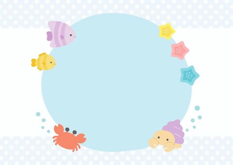 夏の海の生き物のフレーム10 夏,海,魚,海の生き物,フレーム,背景,枠,飾り枠,手書き,おしゃれのイラスト素材