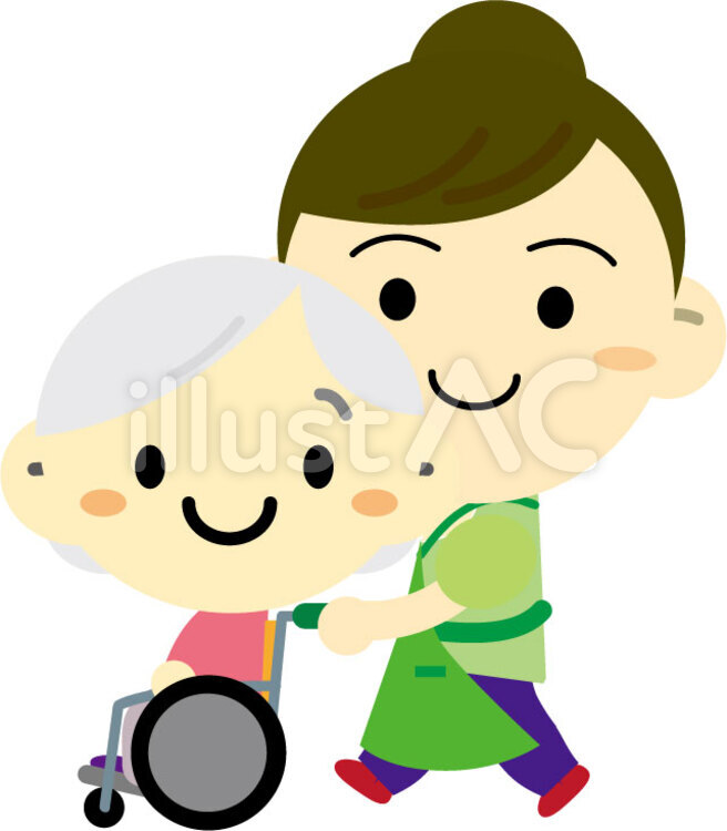 車いすのおばあちゃんの移動を手伝う女性 車椅子,車いす,おばあちゃんのイラスト素材