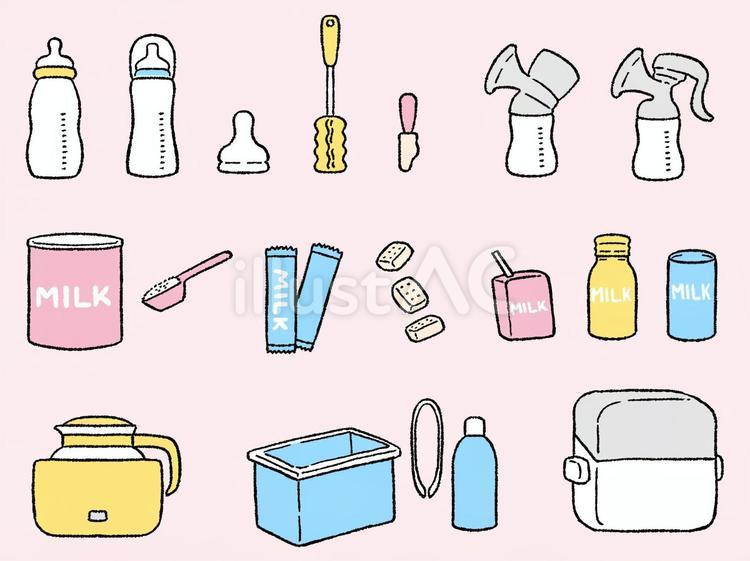 手描きのミルク育児用品いろいろ 哺乳瓶,乳首,ボトルブラシのイラスト素材