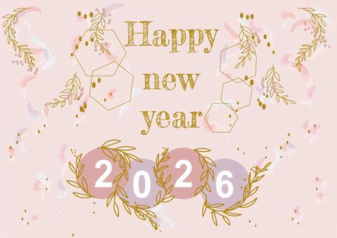 ハッピーニューイヤー水彩×リーフデザイン 年賀状,ハッピーニューイヤー,正月,2026,ナチュラル,水彩,テンプレート,フラワー,新年,パステルカラーのイラスト素材