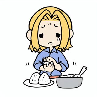 おにぎりを握る泣く金髪女性 金髪,おにぎり,握る,泣く,涙,悲しい,不満,不安,日常,ストレスのイラスト素材