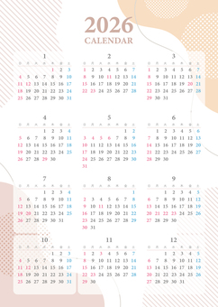 2026年のおしゃれな年間カレンダー01 2026年,カレンダー,1年間,12か月,日付,おしゃれ,イラスト,素材のイラスト素材