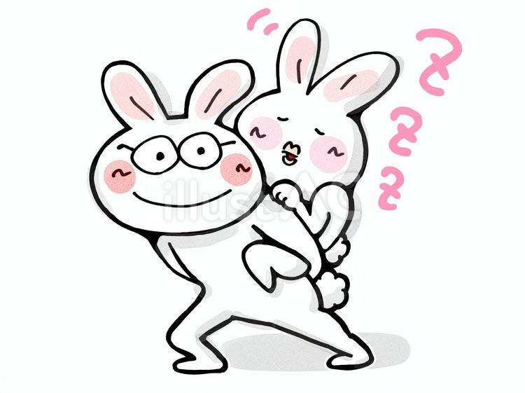 帰り道☆おんぶするうさぎの手描きイラスト おんぶ,親子,帰り道のイラスト素材