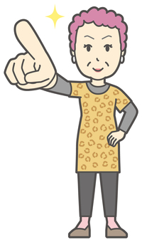  大阪のおばちゃん-088-全身 指差す,おばちゃん,大阪,ヒョウ柄,おばはん,中年,女性,関西,派手,おばさんのイラスト素材