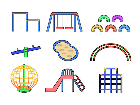 公園・幼稚園遊具セット 遊具,公園,ベクター,かわいい,セット,幼稚園,保育園,小学校,鉄棒,タイヤのイラスト素材