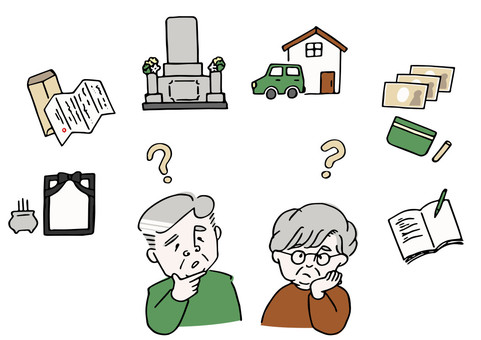 終活について考える中高年男女 人物,終活,高齢者,中高年,シニア,男性,女性,考える,悩む,相談のイラスト素材